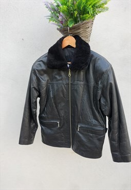 90's Real Leather Boxy Faux Fur Collar Leather Jacket