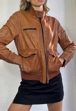 Vintage Y2k Leather Bomber Jacket Brown Biker Grunge