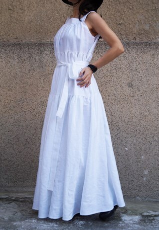 WHITE LINEN DRESS/CASUAL KAFTAN/MAXI DRESS/XXL DRESS/F1672