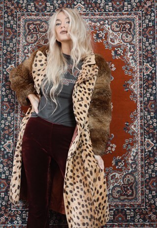 T-REX RARE VINTAGE 70S LEOPARD FAUX FUR LONG COAT U XS UK 8