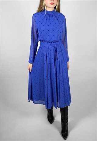 Fink Modell Vintage 70's Blue Floral Slinky Midi Dress Small