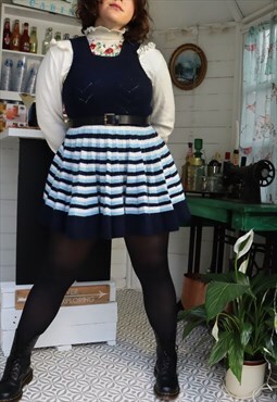 Vintage 70s Blue Knitted Knit Grunge Pinafore Pleated Dress