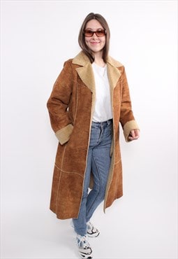 Vintage 90s overcoat, fake suede brown long coat