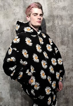 Daisy print fleece jacket handmade sunflower bomber black