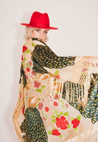 BURNOUT VELVET FESTIVAL KIMONO JACKET WITH FRINGING