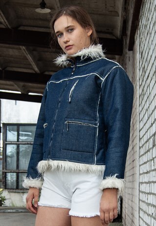 VINTAGE RETRO BLUE CROP FAUX FUR WARM DENIM JACKET
