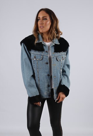 VINTAGE LEE DENIM JACKET CUSTOMISED FAUX FUR UK 16 XL (CJ3I)