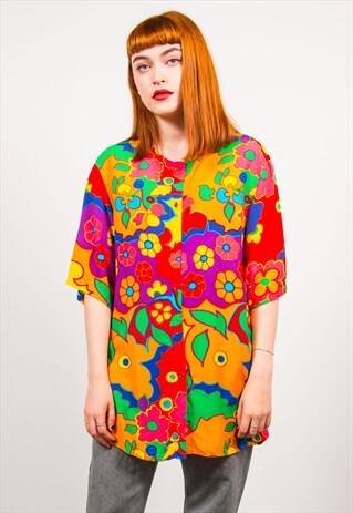 VINTAGE 90'S COLOURFUL COLLARLESS SHORT SLEEVE BLOUSE SHIRT