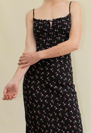 FRENCH FESTIVAL MIDI DRESS IN ROSE PRINT - BLACK