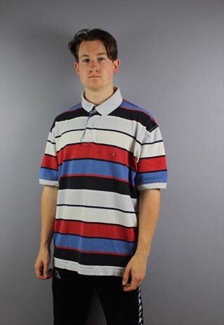 VINTAGE TOMMY HILFIGER POLO SHIRT IN RED, BLUE AND WHITE STR