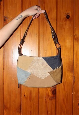 Vintage Y2K Faux Leather and Denim Patchwork Hand Bag