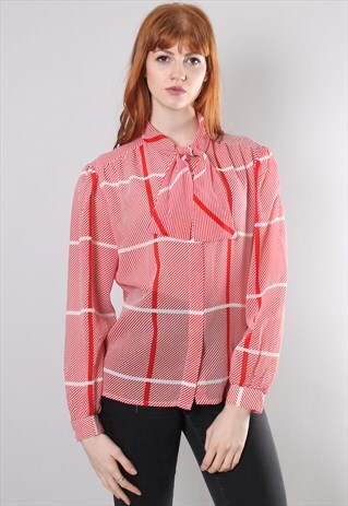 VINTAGE 70S CHECK TIE NECK BLOUSE