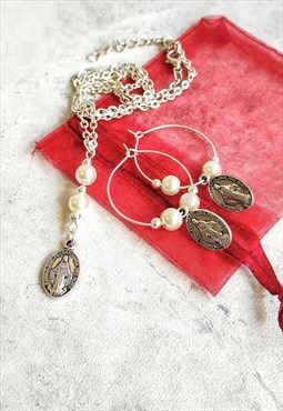 Handmade Virgin Mary Faux Pearl Hoop Earring & Necklace Set