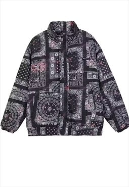 Checked paisley print bomber bandana denim jacket in black