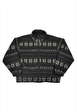 Vintage Fleece Jacket Retro Snowflake Pattern Black Ladies L