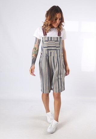 DUNGAREE SHORTS DENIM BICH REWORKED STRIPED UK 14 (51U)