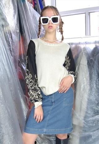 VINTAGE 90'S GLAM BAGGY ARMS KNITTED JUMPER IN BLACK CREAM