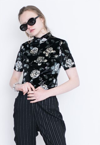 VINTAGE BLACK FLORAL VELVET RETRO TOP BLOUSE