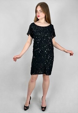 80's Vintage Black Sequin Beaded Short Sleeve Dress