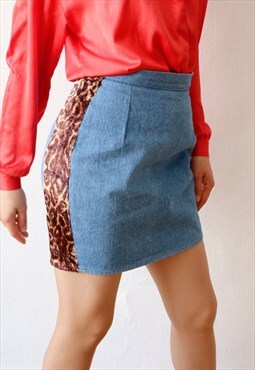 90s Vintage Denim Skirt Leopard Print Detail High Waist Mini