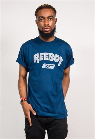REEBOK 90'S VINTAGE BLUE GREY LOGO T-SHIRT