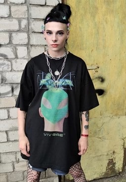 Futuristic raver t-shirt Alien skinhead print tee in black