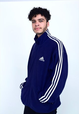 VINTAGE 90'S ADIDAS NAVY BLUE AND WHITE ZIP-UP FLEECE JACKET