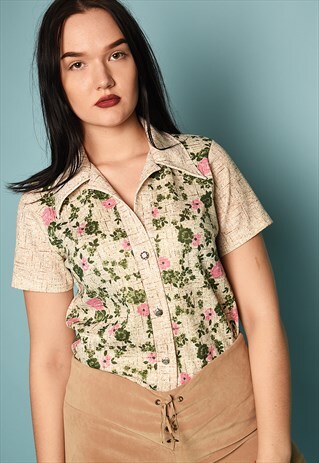VINTAGE 70'S RETRO BOHO FLORAL PRINT FESTIVAL NEUTRAL TOP