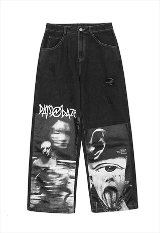 GOTHIC 90S DISTRESSED JEANS Y2K ROCK WIDE LEG DENIM OVERALLS