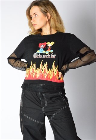VINTAGE Y2K BLACK ANIME FLAME MESH TOP
