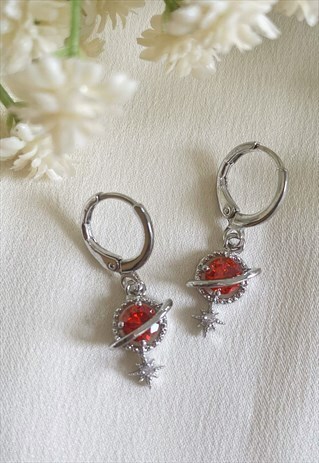 ORION RED SILVER PLANET AND STAR HUGGIE HOOP EARRINGS