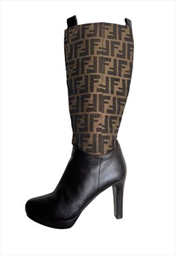 Fendi Boots Knee High Zucchino Monogram Brown 37 / 4