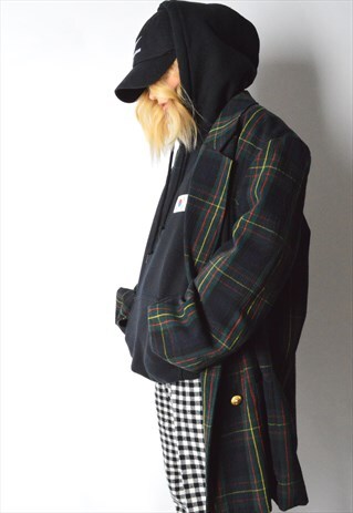VINTAGE 80S DARK GREEN CHECK WOOL BLEND BLAZER