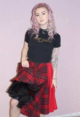 BLACK RED TARTAN MID LENGTH CIRCLE SKIRT