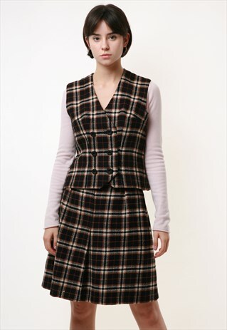 80S VINTAGE CHECK WOOL SUIT VEST AND SKIRT 2002