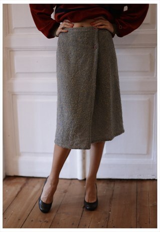 VINTAGE 80'S MIDI GREY WRAP WOOL SKIRT