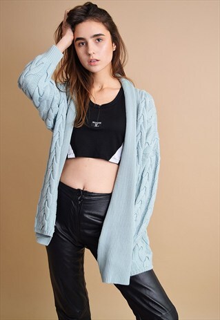 80'S RETRO PASTEL BLUE OPEN FRONT COZY LONG NEUTRAL CARDIGAN