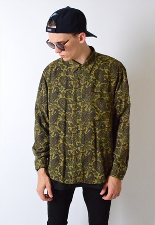 VINTAGE 90S KHAKI GREEN PAISLEY LONG SLEEVE SHIRT