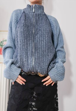 y2k gorpcore vintage blue two tone ribbed knit cardigan