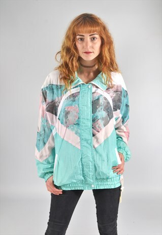 VINTAGE TEAL & PINK PATTERNED WATERCOLOR SILKY BOMBER JACKET