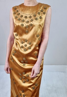 Vintage 70's Yellow Gold Metallic Beaded Maxi Evening Dress