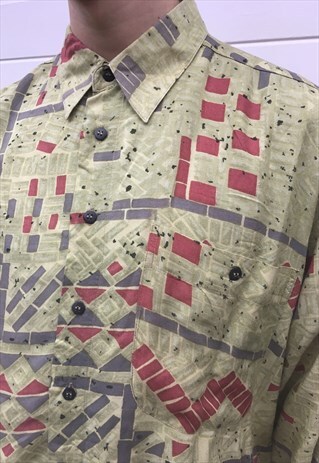 MENS VINTAGE 80S GREEN PATTERNED LONG SLEEVE BUTTON UP SHIRT