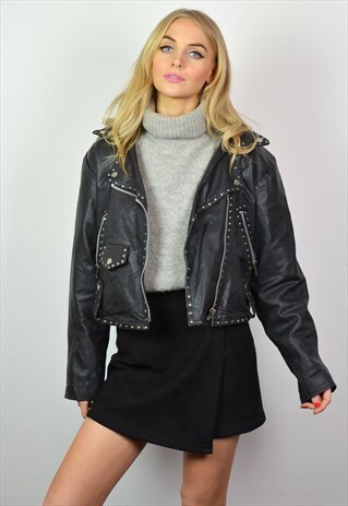 VINTAGE 90S BLACK LEATHER STUD MOTORCYCLE CROP BIKER JACKET