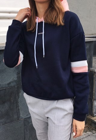 NAVY CONTRAST PANEL DRAWSTRING HOODIE