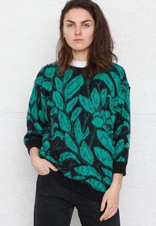 VINTAGE GREEN BLACK ROUND NECK KNIT JUMPER SWEATER