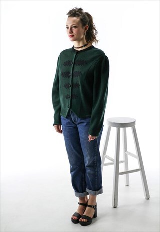 WOOL KNIT CARDIGAN / FOREST GREEN PUFFY SLEEVES SWEATER
