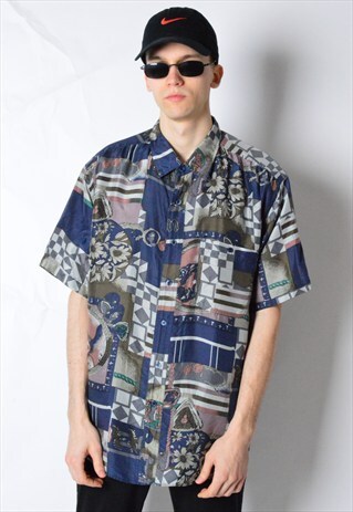 VINTAGE 90S BLUE ABSTRACT SILK SHORT SLEEVE SHIRT