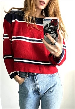 Retro Bowling Style Red Navy Striped Crop Sweater 