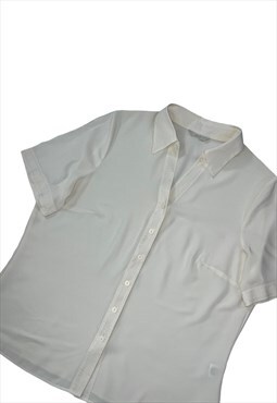 Womens Vintage blouse cream button up semi sheer shirt