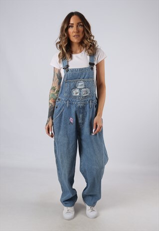 VINTAGE DENIM DUNGAREES WIDE TAPERED LEG UK 12 MEDIUM (JA5L)